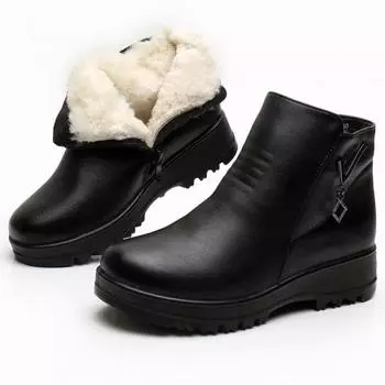Кожаные ботинки, новая зимняя женская обувь среднего возраста на плоской подошве, теплая хлопковая обувь, женские нескользящие шерстяные ботинки с мягкой подошвой 35