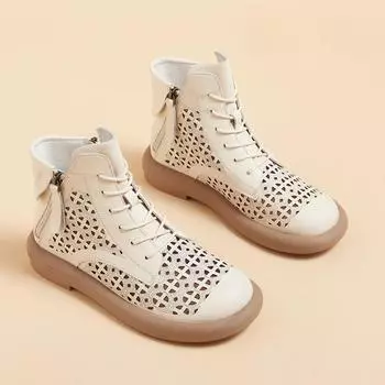 Кожаные ботинки женские 2025 ретро кожаные полые ботинки для женщин на платформе с двухсторонней молнией повседневные короткие ботинки женская обувь 35 чёрный