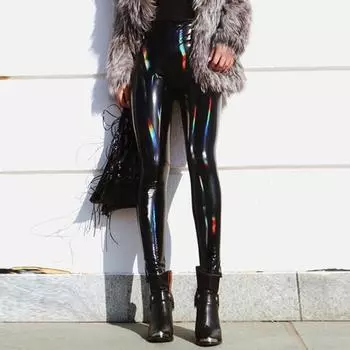 Кожаные брюки-карандаш с высокой талией и зеркальной поверхностью, однотонные блестящие узкие брюки, сексуальные брюки для ночного клуба M чёрный