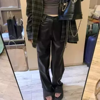 Кожаные брюки женские повседневные облегающие брюки с высокой талией прямые широкие брюки до пола XS чёрный