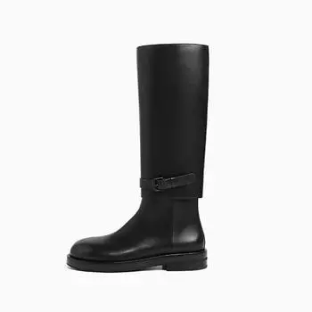 Кожаные детские сапоги осень-зима взрыв на толстой подошве с высокой трубой и плоским дном черные рыцарские сапоги до колена 35