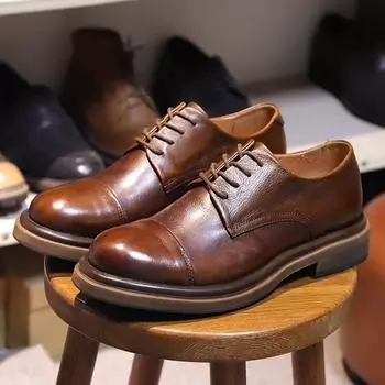 Кожаные дышащие универсальные деловые повседневные кожаные туфли мужские с круглым носком на шнуровке на толстой подошве износостойкие синие туфли дерби 38 коричневый