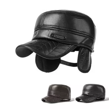 Кожаные кепки в стиле милитари, мужская зимняя шляпа с плоским верхом, толстая теплая шапка для защиты ушей среднего и пожилого возраста кофейный
