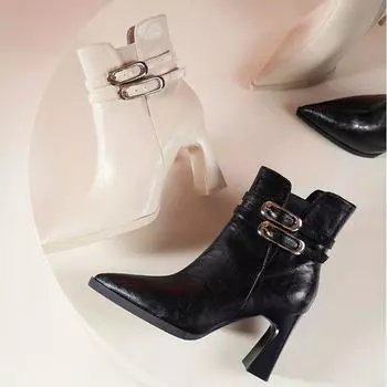 Кожаные короткие сапоги толстый каблук ремень пряжка молния сбоку осенне-зимние новые сапоги ботильоны остроносые темперамент императорская сестра 34 бежевый