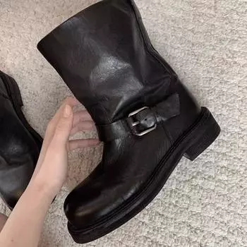 Кожаные ковбойские сапоги в стиле ретро с толстой подошвой и каблуком средней высоты, женские короткие сапоги с пряжкой на ремне 35 чёрный