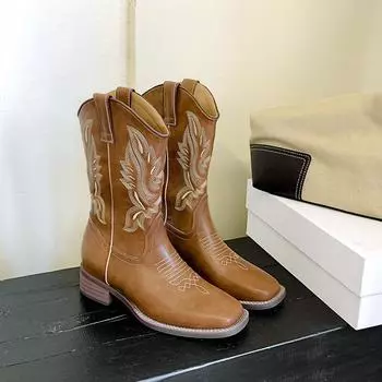 Кожаные ковбойские сапоги в стиле вестерн, вышитые рыцарские сапоги, женские, на толстом каблуке средней высоты, винтажные ботинки Martin с V-образным вырезом и квадратной головкой 35