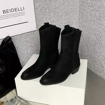 Кожаные ковбойские сапоги в западном стиле, рыцарские сапоги, женские сапоги Maillard скинни на толстом каблуке с острым носом, винтажные сапоги-мартины средней длины 35