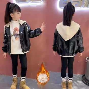 Кожаные куртки для девочек с утолщенным бархатом Зимние куртки для маленьких девочек Детские топы Корейские кожаные куртки для мальчиков 160 чёрный