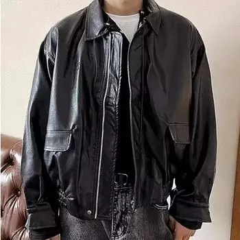 Кожаные куртки для мужчин и женщин Мешковатая уличная одежда Y2k Одежда на молнии с вышивкой Пальто Винтаж Весна Универсальная американская ретро M чёрный