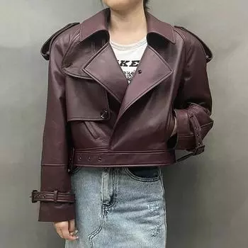 Кожаные куртки Женская куртка из натуральной овчины Укороченное пальто Короткое пальто из натуральной кожи S кремовый