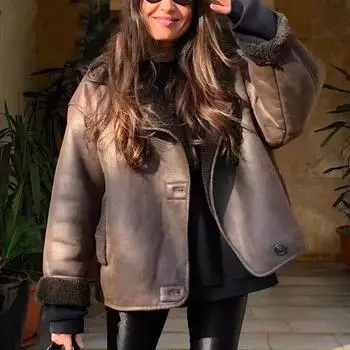Кожаные куртки женские с длинным рукавом пальто воротник свободный мех однотонный карман верхняя одежда топы пальто для женщин M коричневый