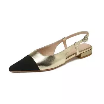 Кожаные летние кожаные сандалии Baotou с острым носком внутри и снаружи, одинаковые по цвету, с черной головкой и плоской подошвой для женщин 34 золотистый