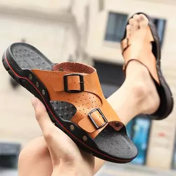 Кожаные летние уличные мужские сандалии, повседневные удобные пляжные тапочки, удобная обувь для прогулок на открытом воздухе, сандалии, большой размер 48 38 жёлтый