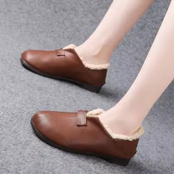 Кожаные лоферы на плоской подошве женские ретро однотонные с круглым носком повседневные сохраняющие тепло удобные туфли без застежек женские туфли на плоской подошве Zapatillas 35 чёрный