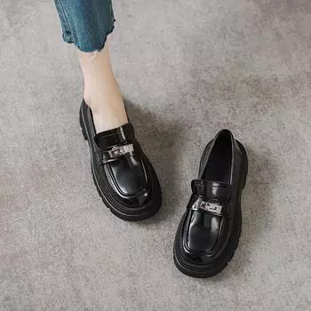 Кожаные лоферы на толстой подошве, женская обувь в британском стиле, туфли на мягкой подошве, увеличивающие высоту, свободные туфли на толстом каблуке 34 чёрный