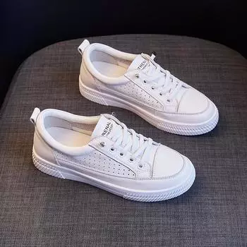 Кожаные маленькие белые туфли, женская обувь, универсальные летние туфли в модном стиле, новые повседневные белые туфли с сеткой на плоской подошве, летние 34