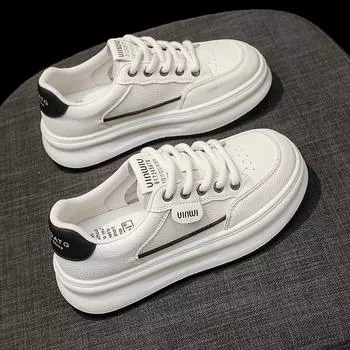 Кожаные маленькие белые туфли женские 2025 новая весенняя популярная обувь на толстой подошве женская спортивная и повседневная универсальная женская обувь в стиле маффин 35