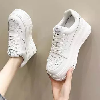 Кожаные маленькие белые туфли женские новые женские туфли универсальные на толстой подошве дышащие, высокие маленькие туфли-кексы во взрыве 34 белый