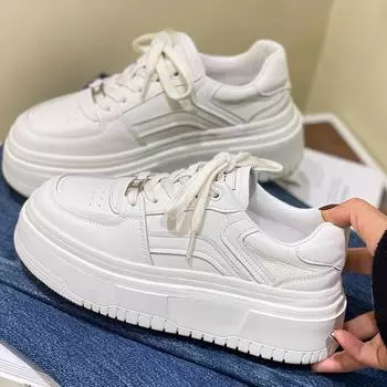 Кожаные маленькие белые туфли женские туфли весна новые универсальные туфли на толстой подошве увеличивающие рост туфли Ins модная повседневная спортивная обувь 35