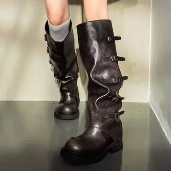 Кожаные массивные модные женские высокие сапоги на среднем каблуке с пряжкой дизайнерские высокие мотоциклетные сапоги до колена зимние трендовые ботинки Botas Mujer 35