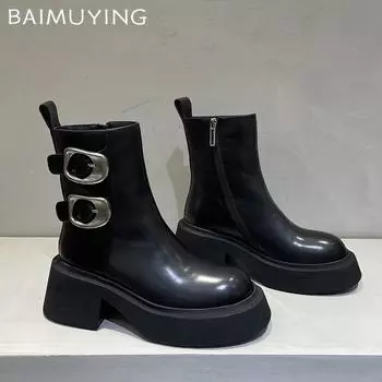 Кожаные массивные женские ботильоны на платформе, дизайнерские туфли на среднем каблуке, тренд 2025 года, зимние новые туфли-лодочки в готическом стиле для мотоциклистов, Botas De Mujer 35 чёрный