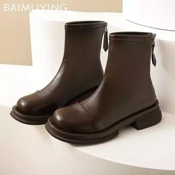 Кожаные массивные женские ботильоны на среднем каблуке в стиле ретро, зимняя обувь 2025 года, дизайнерские классические готические мотоциклетные ботинки для женщин 35 чёрный