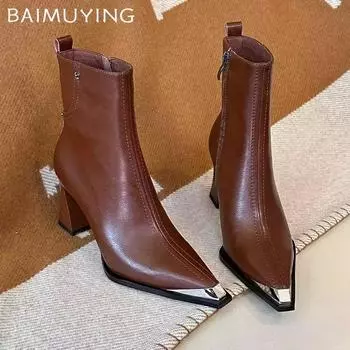 Кожаные массивные женские ботильоны с острым носком на высоком каблуке, сексуальная обувь 2025 года, модные новые туфли-лодочки, зимние туфли-челси Botas De Mujer 34 чёрный