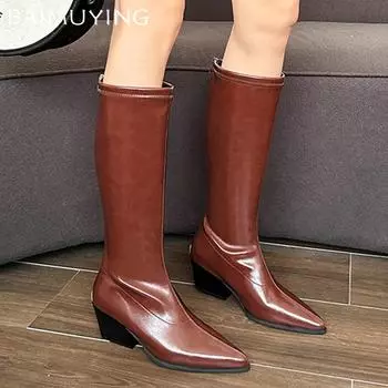 Кожаные массивные женские высокие сапоги с острым носком, ретро-ботинки на среднем каблуке до колена, модные классические туфли-лодочки 2025 года, ботфорты Chelsea Botas De Mujer 35 покинуть белый