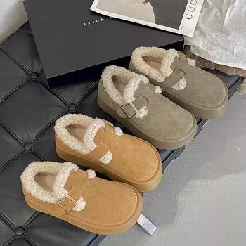 Кожаные матовые туфли Piboken женские зимние 2024 года из овечьей шерсти и хлопка женские тапочки-мешки на толстой подошве пушистые туфли прилив 35 хаки