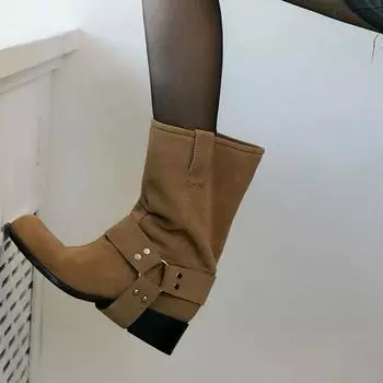 Кожаные матовые винтажные ковбойские сапоги в стиле вестерн женские толстые средние сапоги Martin 35