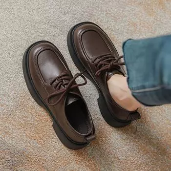 Кожаные мокасины на шнуровке, женские универсальные однобортные туфли, коричневые туфли на платформе в британском стиле, маленькие кожаные туфли 35 коричневый