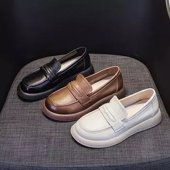 Кожаные мокасины Ретро женская обувь Одиночные туфли Плоские кожаные туфли 35 чёрный