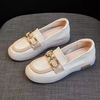 Кожаные мокасины с мягкой подошвой, женские весенние и осенние туфли в стиле ретро, французские туфли Мэри Джейн, британские туфли Niche Small Leather Shoes 35 бежевый