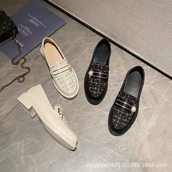 Кожаные мокасины Женская обувь Универсальные туфли Мэри Джейн Маленькие кожаные туфли Британские плоские шапочки Одинарные туфли 34 абрикосовый