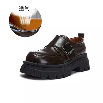Кожаные мокасины женские 2025 весна новый британский стиль липучки одинарные туфли женские повседневные универсальные увеличивающие рост маленькие кожаные туфли 35