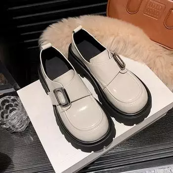 Кожаные мокасины женские, маленькие, с толстой подошвой, с металлической пряжкой, в британском стиле, маленькие кожаные туфли, туфли с глубоким носком 34 белый