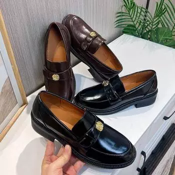 Кожаные мокасины женские на толстой подошве одинарные туфли женская повседневная обувь французская ретро женская обувь 35 чёрный