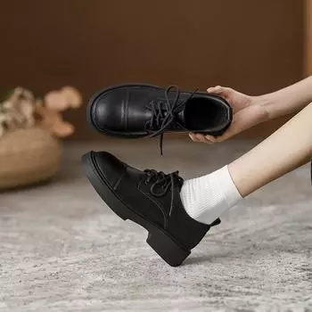 Кожаные мокасины женские ретро черные одинарные туфли женские на платформе британский стиль шнуровка маленькие кожаные туфли женские 34 чёрный