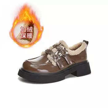 Кожаные мокасины женские зимние новые бархатные туфли женские туфли Мэри Джейн с круглым носком повседневные низкие модные женские туфли 35