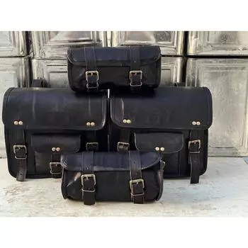 Кожаные мотоциклетные седельные сумки 4 черных кожаных боковых сумки Корзины 4 комбинированных сумки чёрный