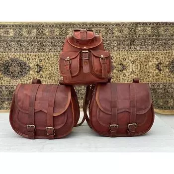 Кожаные мотоциклетные сумки Седельная сумка Боковой чемодан 3 сумки (2 седла+1 рюкзак) коричневый