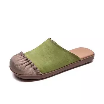 Кожаные мюли ручной работы на плоской подошве для женщин в стиле ретро с закрытым носком, летние сандалии без застежек 35 зелёный