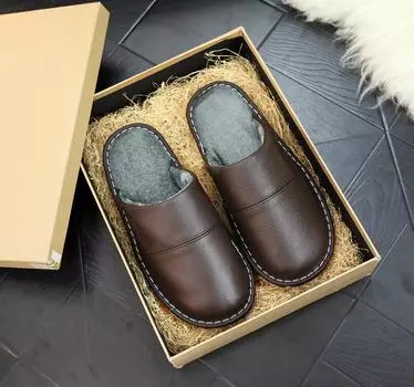 Кожаные мужские хлопковые тапочки плюс бархат осенне-зимние нескользящие домашние и уличные парные тапочки унисекс теплые женские тапочки 25 (fit 35-36) коричневый
