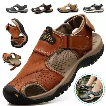 Кожаные мужские пляжные сандалии для воды, летние уличные повседневные спортивные сандалии с закрытым носком, нескользящие мягкие походные забродные кроссовки 38 коричневый