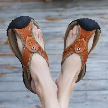 Кожаные мужские пляжные сандалии для воды, летние уличные повседневные спортивные сандалии с закрытым носком, нескользящие мягкие походные забродные кроссовки 38 жёлтый