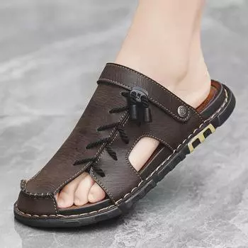 Кожаные мужские пляжные сандалии для воды, летние уличные повседневные спортивные сандалии с закрытым носком, нескользящие мягкие походные забродные кроссовки 38 чёрный