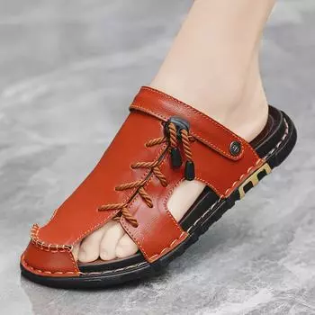 Кожаные мужские пляжные сандалии для воды, летние уличные повседневные спортивные сандалии с закрытым носком, нескользящие мягкие походные забродные кроссовки 38 чёрный