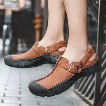 Кожаные мужские пляжные сандалии для воды, летние уличные повседневные спортивные сандалии с закрытым носком, нескользящие мягкие походные забродные кроссовки 38 чёрный