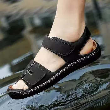 Кожаные мужские пляжные сандалии для воды, летние уличные повседневные спортивные сандалии с закрытым носком, нескользящие мягкие походные забродные кроссовки 38 чёрный