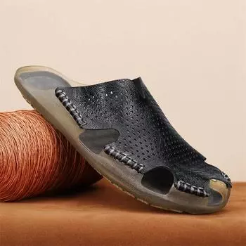 Кожаные мужские пляжные сандалии для воды, летние уличные повседневные спортивные сандалии с закрытым носком, нескользящие мягкие походные забродные кроссовки 38 чёрный